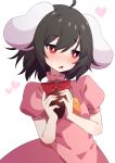  1girl ahoge animal_ears bangs black_hair blush bright_pupils bunny_ears chocolate commentary_request contrapposto dress embarrassed eyebrows_visible_through_hair heart highres holding_chocolate inaba_tewi leaning_to_the_side looking_down looking_to_the_side open_mouth pink_dress puffy_short_sleeves puffy_sleeves red_eyes short_hair short_sleeves simple_background solo standing touhou tsukimirin upper_body valentine white_background white_pupils 