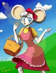  2020 anthro basket big_ears blue_eyes bow clothed clothing cupcake digital_media_(artwork) female fingers food fur hair hi_res looking_at_viewer mammal mapico_(character) mappy mouse murid murine open_mouth outside rodent simple_background sky smile solo tongue video_games 