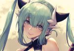  1girl alternate_hairstyle bare_shoulders cloud dragon_horns eyebrows_visible_through_hair fate/grand_order fate_(series) green_hair hair_ornament head_tilt horns kiyohime_(fate/grand_order) long_hair looking_at_viewer oukawa_yuu smile solo twintails yellow_eyes 