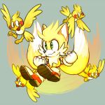  1:1 8xenon8_(artist) anthro avian bird canid canine clothing feral fist flicky footwear fox fur gloves green_eyes grey_background group handwear letterbox male mammal miles_prower shoes simple_background smile sonic_the_hedgehog_(series) super_form white_body white_fur yellow_body yellow_fur 