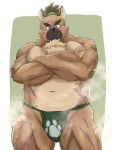 2020 3:4 anthro asian_clothing belly blush brown_body brown_fur bulge canid canine canis clothing cute_fangs domestic_dog east_asian_clothing fundoshi fur hi_res japanese_clothing kemono male mammal navel okmt_redbull overweight overweight_male scar simple_background solo tokyo_afterschool_summoners underwear video_games yasuyori 
