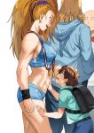  1girl abs backpack bag blue_shorts blue_sports_bra brown_hair captain_mizuki doutei_(one-punch_man) earrings hews_hack highres jewelry king_(one-punch_man) long_hair medal one-punch_man petting purple_scrunchie saitama_(one-punch_man) scrunchie shorts sportswear 