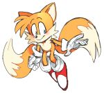  2_tails 8xenon8_(artist) anthro blue_eyes canid canine clothing dipstick_tail footwear fox fur gloves handwear male mammal miles_prower multi_tail multicolored_tail orange_body orange_fur shoes simple_background solo sonic_the_hedgehog_(series) white_background white_body white_clothing white_fur white_gloves 