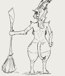  angry anthro big_butt black_and_white breasts broom butt domestic_cat felid feline felis female hair hi_res looking_at_viewer mammal monochrome solo thick_thighs yamagah 