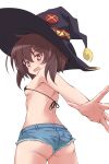  1girl alternate_costume ass bangs bare_arms bare_shoulders bikini bikini_top black_headwear blush breasts brown_hair commentary_request covered_nipples cutoffs denim denim_shorts eyebrows_visible_through_hair from_behind hat highres k-go kono_subarashii_sekai_ni_shukufuku_wo! medium_hair megumin micro_bikini micro_shorts outstretched_arm red_eyes shorts simple_background small_breasts solo swimsuit white_background witch_hat 