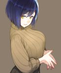  1girl blue_hair brown_background closed_mouth eyeshadow fingernails hands_together kyo_(kuroichigo) makeup original pink_nails ribbed_sweater short_hair simple_background smile solo sweater turtleneck turtleneck_sweater yellow_eyes 