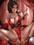  1girl absurdres ass_visible_through_thighs breasts brown_hair cleavage daria_leonova english_commentary fan fatal_fury feet highres japanese_clothes knees_apart_feet_together large_breasts pillow shiranui_mai sitting sleeveless smile solo the_king_of_fighters toes 