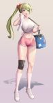  1girl absurdres breasts go-jang green_eyes green_hair gym_shorts hair_bun heart heart_necklace highres jewelry knee_pads kneehighs last_origin midriff navel necklace open_mouth p-29_lindwurm see-through shirt shoes short_shorts shorts smile sneakers solo tied_shirt 