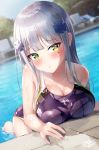  1girl bangs beach_chair blurry blurry_background blush breast_rest breasts cleavage commentary_request competition_swimsuit day eyebrows_visible_through_hair girls_frontline grey_hair hair_ornament highres hk416_(girls_frontline) large_breasts one-piece_swimsuit outdoors pool poolside pout shiny shiny_skin shirosaba signature solo swimsuit teardrop water wet yellow_eyes 