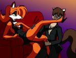  adrian_(character) anthro canid canine clothing collar dress female footwear fox furniture high_heels holding_(disambiguation) kissing male mammal rebecca_cyrus shoes simple_background sofa worship 