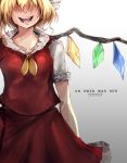  1girl anonamos blonde_hair cowboy_shot dress english_text fangs flandre_scarlet grey_background hair_over_eyes highres red_dress solo touhou 