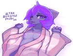  2020 3_fingers anthro asian_clothing black_nose blush breasts chest_tuft clothing domestic_cat east_asian_clothing eyelashes felid feline felis female fingers fur grey_body grey_fur hair hi_res japanese_clothing kimono looking_aside mammal nipples open_mouth purple_eyes purple_hair simple_background small_breasts solo tuft ultrabondagefairy ultrabondagefairy_(character) white_background 