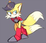  8xenon8_(artist) anthro blue_eyes boots canid canine clothing footwear fox frown fur grey_background grey_hair hair male mammal miles_(anti-tails) shirt simple_background solo sonic_the_hedgehog_(series) topwear white_body white_fur yellow_body yellow_fur 