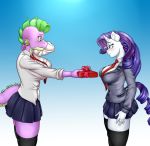  5_fingers anthro big_breasts blazer blue_eyes blush bottomwear bow breasts clothing crossgender digital_media_(artwork) dragon equid female fingers friendship_is_magic fur gradient_background green_eyes hair hand_on_neck horn legwear mammal mtf_crossgender my_little_pony necktie pia-sama pleated_skirt purple_body purple_hair purple_scales rarity_(mlp) scales school_uniform simple_background skirt spike_(mlp) stockings unicorn uniform white_body white_fur 