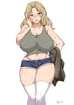  1girl absurdres alternate_breast_size artist_name blonde_hair blue_eyes blue_shorts blush breasts brown_jacket cleavage commentary curvy cutoffs denim denim_shorts girls_und_panzer grey_shirt hair_intakes half-closed_eyes hand_on_own_face highres holding holding_jacket huge_breasts jacket jacket_removed kay_(girls_und_panzer) long_hair micro_shorts midriff open_mouth saunders_military_uniform shirt shorts signature simple_background skindentation smile solo sweat sweatdrop tank_top tavor_(m_tavor) thighhighs white_background white_legwear 