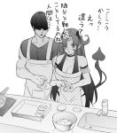  1boy 1girl apron bait_and_switch breasts cleavage commentary_request cooking demon_girl demon_horns demon_tail greyscale horns kitchen long_hair mixing_bowl monochrome original ryouma_(galley) sink succubus tail translation_request 