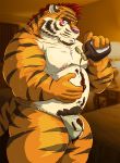  2020 anthro asian_clothing belly blush bodily_fluids bulge candy chocolate clothing east_asian_clothing felid food fundoshi hi_res humanoid_hands japanese_clothing kemono male mammal moobs nipples overweight overweight_male pantherine pink_nose pubes raichoclub solo sweat tiger underwear 