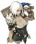  1girl armor black_feathers blue_eyes bracelet breasts cleavage closed_mouth collarbone facial_mark feathers fingernails glowing highres holding holding_weapon jewelry kyo_(kuroichigo) monster_hunter monster_hunter:_world over_shoulder pauldrons red_lips short_hair simple_background weapon weapon_over_shoulder white_background white_hair 