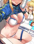  3girls absurdres arms_behind_back artoria_pendragon_(all) bikini blonde_hair blush breasts can character_request fate/grand_order fate_(series) fingernails fujimaru_ritsuka_(female) glasses hews_hack highres large_breasts long_fingernails long_hair looking_at_viewer mouth_hold multiple_girls mysterious_heroine_xx_(foreigner) navel orange_hair ponytail shrug_(clothing) smile stomach_day sweatdrop swimsuit whistle whistle_around_neck yellow_eyes 