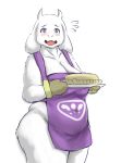  absurd_res anthro apron apron_only big_breasts blue_eyes blush bodily_fluids boss_monster bottomless bovid breasts caprine cleavage clothed clothing cooking curvy_figure delta_rune_(emblem) female flying_sweatdrops food fur goat hi_res horn looking_at_viewer mammal mature_female mostly_nude navel oven_mitts pie shy simple_background slightly_chubby solo standing sweat sweatdrop symbol tight_clothing toriel treyer undertale video_games voluptuous white_background white_body white_fur wide_hips 