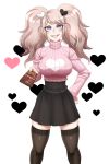  1girl black_legwear black_skirt blue_eyes breasts chocolate commentary danganronpa danganronpa_1 english_commentary enoshima_junko eyebrows_visible_through_hair grin hair_ornament hand_on_hip heart heart_background heart_hair_ornament impossible_clothes impossible_sweater incoming_gift large_breasts legs_apart light_brown_hair long_hair long_sleeves looking_at_viewer pink_sweater pleated_skirt ribbed_sweater ringed_eyes sharp_teeth simple_background skindentation skirt sleeves_past_wrists smile solo sweater teeth thighhighs turtleneck turtleneck_sweater twintails twrlare v-shaped_eyebrows valentine white_background zettai_ryouiki 