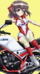  1girl bangs brown_eyes brown_hair closed_mouth commentary cross-laced_footwear daxz240r elbow_pads girls_und_panzer ground_vehicle headband highres knee_pads kondou_taeko leaning_to_the_side logo looking_at_viewer medium_hair motor_vehicle motorcycle on_vehicle red_headband red_legwear red_shirt red_shorts shirt shoes short_shorts shorts simple_background sitting sleeveless sleeveless_shirt smile sneakers socks solo sportswear volleyball_uniform white_footwear yamaha yamaha_rz250 yellow_background 