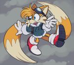  8xenon8_(artist) anthro blue_eyes canid canine clothing cloud coat eyewear footwear fox fur gloves goggles handwear male mammal miles_prower open_mouth shoes solo sonic_the_hedgehog_(series) topwear white_body white_fur yellow_body yellow_fur 