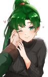  1boy 1girl absurdres blush fire_emblem green_eyes green_hair hand_on_another&#039;s_face heart heart_eyes highres lyn_(fire_emblem) one_eye_closed ormille ponytail solo sweater turtleneck white_background 