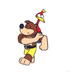  2019 angry avian backpack banjo-kazooie banjo_(banjo-kazooie) belt bottomwear breegull brown_body brown_fur clothed clothing duo feathers female fur hi_res humor jewelry looking_down male mammal necklace rareware red_body red_feathers rolled_sleeves shorts simple_background skeletonguys-and-ragdolls sketch topless ursid video_games walking white_background 