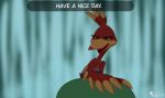  avian banjo-kazooie being_held breegull clothed clothing dialogue disney dress eyelashes feathers female green_body green_eyes green_skin hercules_(disney) hi_res kazooie rareware red_body red_feathers signature skeletonguys-and-ragdolls smile video_games water waterfall 