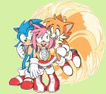  8xenon8_(artist) amy_rose anthro blue_body blue_eyes blue_fur blush boots canid canine clothing eulipotyphlan female flying footwear fox fur gloves green_background green_eyes group hands_together handwear hedgehog male mammal miles_prower pink_body pink_fur shoes simple_background smile sonic_the_hedgehog sonic_the_hedgehog_(series) standing white_body white_fur yellow_body yellow_fur 