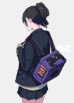  1girl absurdres back backpack bag black_hair blazer blue_background blush fami_(yellow_skies) game_console gamecube highres jacket long_hair nintendo original pleated_skirt ponytail school_uniform simple_background skirt sleeves_past_wrists 