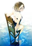  1girl back bare_shoulders blue_eyes brown_hair chair closed_mouth cloud dated glasses hair_ornament hairclip highres kyo_(kuroichigo) looking_back medium_hair mole original red_lips reflection signature sitting solo swimsuit water 