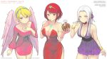  3girls bare_shoulders blonde_hair blue_eyes blue_hairband breasts breath_of_fire chocolate cleavage dress edelgard_von_hresvelg feathered_wings fire_emblem fire_emblem:_three_houses hairband homura_(xenoblade_2) large_breasts marfrey multiple_girls nina_(breath_of_fire) purple_dress red_dress red_hair short_dress side_slit simple_background strapless strapless_dress white_background white_hair wings xenoblade_(series) xenoblade_2 