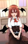  1girl :d ascot bangs black_skirt blurry blurry_background bookshelf breasts brown_eyes commentary corset cowboy_shot demon_wings eyebrows_visible_through_hair fang futatsuki_eru hair_between_eyes head_wings indoors koakuma long_hair looking_at_viewer medium_breasts open_mouth own_hands_together red_hair red_neckwear shirt short_sleeves skirt smile solo touhou very_long_hair white_shirt wings 