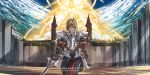  1girl anonamos armor blonde_hair castle clarent cloud dirty energy fate/grand_order fate_(series) gauntlets green_eyes highres looking_at_viewer mordred_(fate) mordred_(fate)_(all) pauldrons scenery sky smile star_(sky) starry_sky tree v-shaped_eyebrows walking wall 