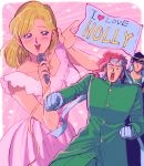  1girl 2boys blonde_hair blue_eyes blush highres jojo_no_kimyou_na_bouken kakyouin_noriaki kuujou_holly kuujou_joutarou microphone multiple_boys oniyama831 smile stardust_crusaders 