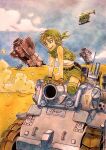  1girl aircraft bandana blonde_hair blue_sky brown_eyes brown_gloves cloud cropped_vest desert dust_cloud fang fang_out fingerless_gloves fish_skeleton gloves green_bandana green_hat green_shorts green_vest hat helicopter highres kasamoto_eri knee_pads kneeling metal_slug military_vehicle motor_vehicle navel painting_(medium) riding short_hair short_shorts shorts sky smile solo spacecraft tank tank_top taragraphika traditional_media vest watercolor_(medium) white_tank_top wreckage 