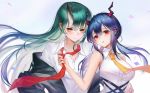 2girls alternate_costume arknights bangs bare_arms bare_shoulders blue_background blue_hair blush breasts ch&#039;en_(arknights) commentary_request eyebrows_visible_through_hair gradient gradient_background green_eyes green_hair hair_between_eyes head_tilt highres horn horns hoshiguma_(arknights) jacket large_breasts long_hair looking_at_viewer low_twintails multiple_girls necktie off_shoulder open_clothes open_jacket parted_lips rainygo red_eyes red_neckwear shirt sidelocks sleeveless sleeveless_shirt smile twintails upper_body white_background white_shirt yellow_neckwear 