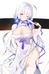  1girl ahoge azur_lane bangs bare_shoulders blue_ribbon blush breasts china_dress chinese_clothes cleavage dress fan flower folding_fan hair_flower hair_ornament heart hoerutarou illustrious_(azur_lane) illustrious_(maiden_lily&#039;s_radiance)_(azur_lane) large_breasts long_hair looking_at_viewer low_twintails one_eye_closed open_mouth purple_eyes ribbon solo thighhighs thighs twintails white_background white_hair white_legwear 