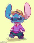  2017 4_toes alien artistabe blue_body blue_claws blue_eyes blue_fur blue_nose classy claws clothed clothing digital_drawing_(artwork) digital_media_(artwork) disney experiment_(lilo_and_stitch) fur hands_in_pockets hat head_tuft headgear headwear lilo_and_stitch necktie notched_ear open_mouth open_smile pockets signature simple_background smile solo stitch_(lilo_and_stitch) toes tuft walking yellow_background 