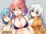  3girls :o bikini black_eyes blue_eyes blue_hair blush breasts character_request cleavage closed_mouth copyright_request dutch_angle green_bikini grey_background grey_eyes hair_between_eyes hand_up highres jacket jewelry large_breasts long_hair matsunoki_(unknown_751) multicolored_hair multiple_girls navel necklace one_eye_closed orange_jacket parted_lips pink_hair ponytail purple_bikini simple_background smile streaked_hair striped striped_bikini swimsuit thick_eyebrows waving white_hair 