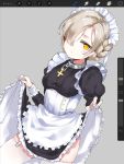  1girl apron azur_lane bangs black_dress blush braid breasts closed_mouth collar cross curtsey dress french_braid frills garter_straps grey_background hair_over_one_eye highres juliet_sleeves latin_cross long_hair long_sleeves looking_at_viewer maid_headdress medium_breasts metal_collar misekai_555 platinum_blonde_hair puffy_sleeves sheffield_(azur_lane) simple_background solo thighhighs thighs underbust white_apron white_legwear yellow_eyes 