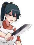  1girl absurdres anchor_print apron bangs black_eyes blue_hair blush breasts eyebrows_visible_through_hair floral_print hair_ribbon highres holding holding_knife houshou_(kantai_collection) japanese_clothes kantai_collection kihou_no_gotoku_dmc kitchen_knife knife long_hair meme open_mouth parody ponytail ribbon simple_background solo tsukiji_uogashi_sandaime upper_body white_apron white_background 