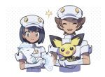  1boy 1girl :d aether_foundation_employee alolan_vulpix black_hair border brown_eyes brown_hair closed_eyes closed_mouth facing_viewer gloves happy hat holding holding_pokemon open_mouth pichu pokemon pokemon_(creature) pokemon_sm rii_(mrhc7482) short_sleeves smile split_mouth white_border white_gloves white_hat 