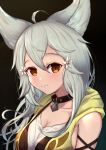  1girl ahoge animal_ear_fluff animal_ears bangs black_background black_collar blush breasts brown_eyes cleavage closed_mouth collar collarbone commentary_request erune eyebrows_visible_through_hair flower granblue_fantasy grey_hair hair_between_eyes hair_flower hair_ornament highres hood hood_down hooded_jacket jacket large_breasts long_hair looking_at_viewer sen_(granblue_fantasy) sleeveless sleeveless_jacket smile solo uneg white_flower yellow_jacket 