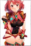  1girl bangs black_gloves black_legwear black_leotard blush breasts brown_eyes cleavage closed_mouth commentary_request earrings eyebrows_visible_through_hair fingerless_gloves gloves hand_up highres homura_(xenoblade_2) jewelry kei_(soundcross) leotard long_hair looking_at_viewer medium_breasts micro_shorts red_hair red_shorts shorts smile solo thighhighs white_background xenoblade_(series) xenoblade_2 