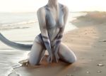  2019 anthro beach blue_body blue_fur female fur grey_body grey_fur kneeling light lighting markings medaya navel nude outside rock sand sea seaside solo unknown_species water 