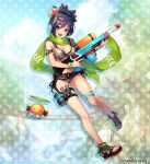  1girl :d azu-taro bikini black_footwear blue_innertube camouflage camouflage_bikini drone floating_scarf flower full_body green_scarf green_wristband headset hibiscus holding holding_water_gun kunai looking_at_viewer no_socks official_alternate_costume official_art phantom_of_the_kill saika_(phantom_of_the_kill) scarf second-party_source smile solo swimsuit toeless_footwear two-tone_innertube water_gun weapon white_innertube 