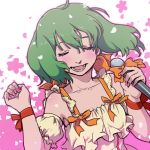  1girl breasts dress green_hair highres macross macross_frontier microphone nail_polish open_mouth ranka_lee short_hair smile solo yazwo 